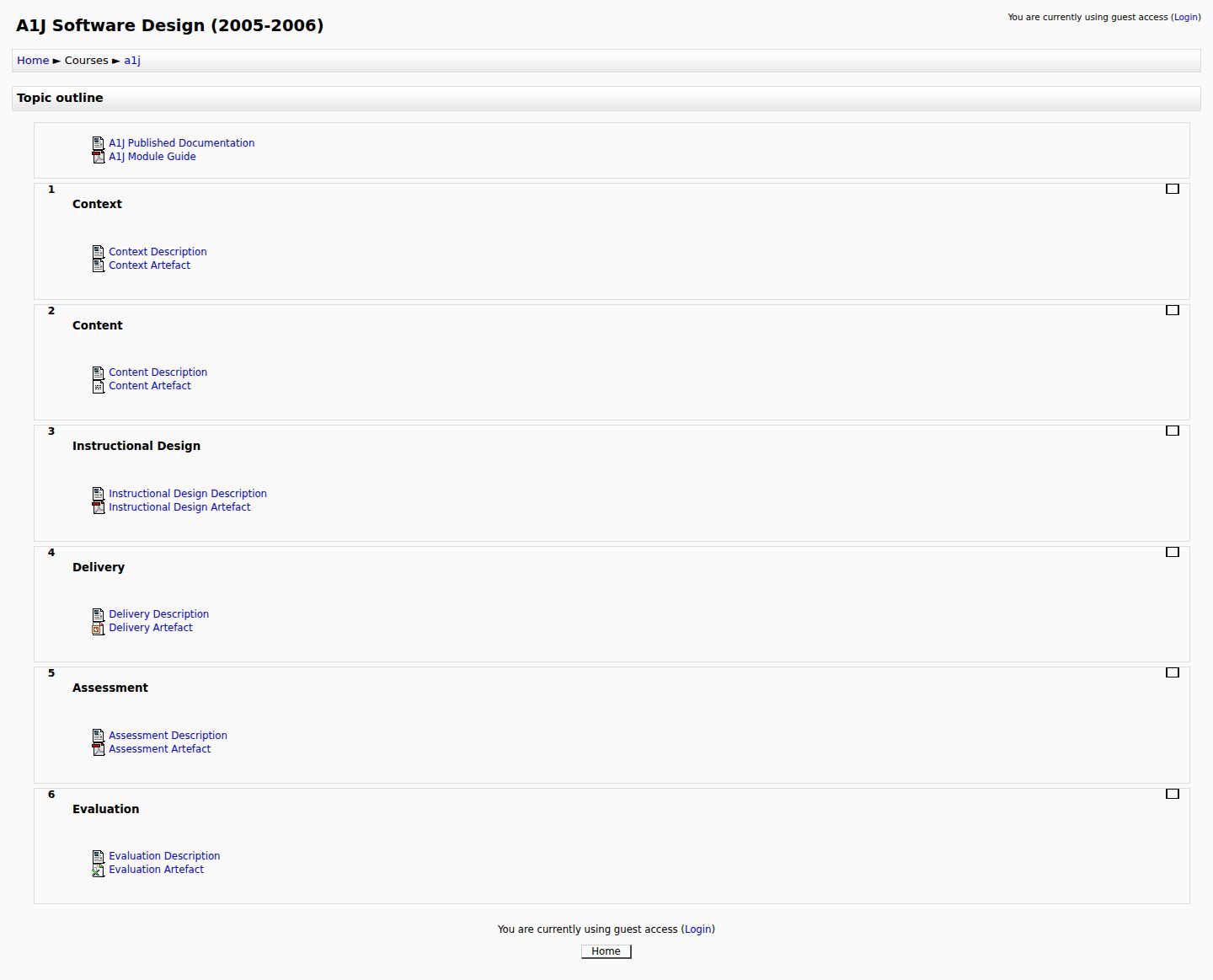 Screenshot of the A1J Software Design (2005-2006) course page on the original commons site, listing the portfolio sections