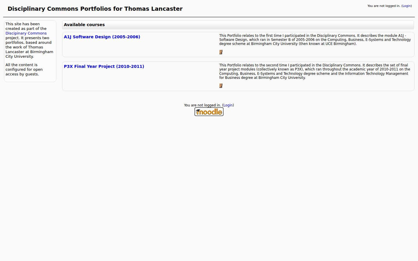 Screenshot of the commons.thomaslancaster.co.uk front page, listing the two Disciplinary Commons portfolio courses and a guest login box