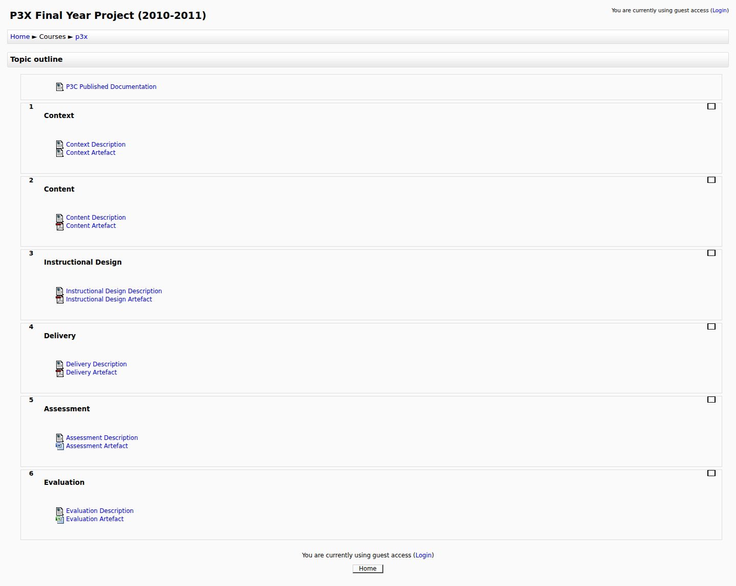 Screenshot of the P3X Final Year Project (2010-2011) course page on the original commons site, listing the portfolio sections