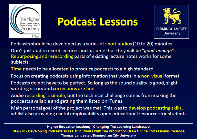 Overview of the lessons from developing podcasts for the Higher Education Academy