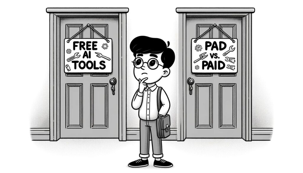 Student in front of doors illustrating free and paid AI