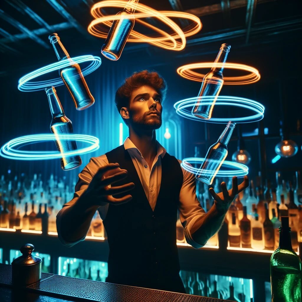 Photo of a bartender juggling neon-lit bottles in a dark nightclub. The swift movements leave a trail of neon motion blur, showcasing the artistry and agility involved in the performance.