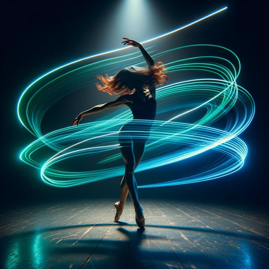 Photo of a dancer in mid-twirl, captured in a dimly lit studio with a burst of neon green and blue light trails following the arcs of their limbs, creating a dynamic scene that blurs the line between motion and still photography