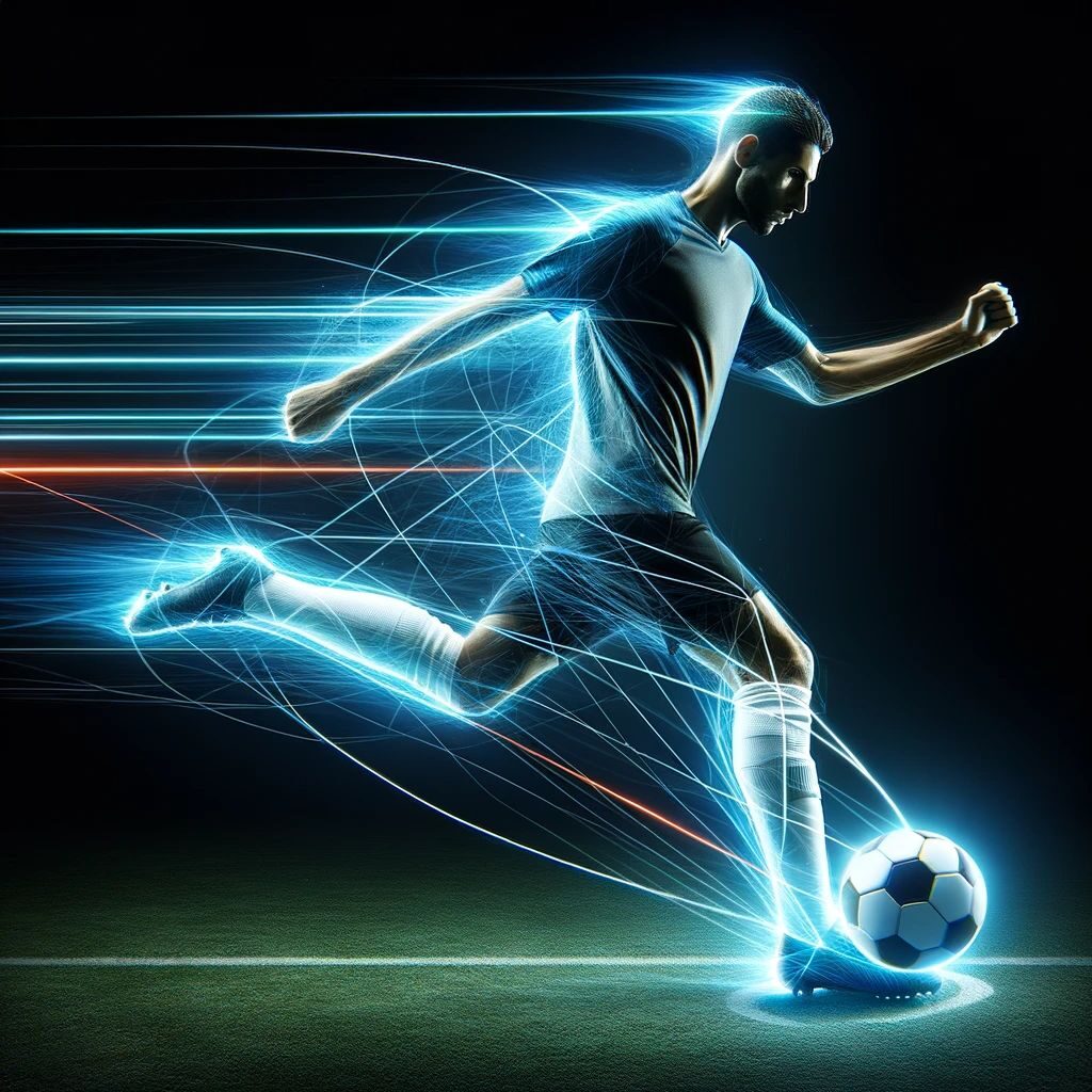 Photo of a soccer player in mid-kick, with the ball emitting a neon trail to emphasize the power and speed of the shot. The player's motion blur merges with the neon, creating a visual representation of the game's dynamism.
