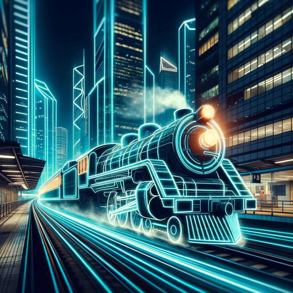 Photo of an old-fashioned steam train transformed with neon outlines hurtling through a contemporary neon-lit cityscape at night. The juxtaposition of the classic train design with futuristic neon enhancements creates a striking contrast. The motion blur captures the train's swift movement, weaving a luminous trail through the city's modern architecture.