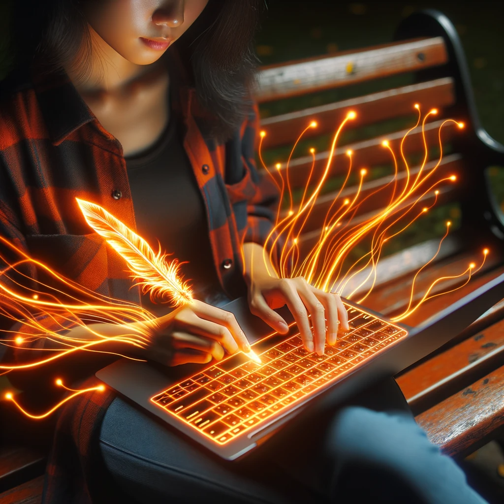 Photo of a college student sitting at a park bench, working on a laptop with neon orange light streams following their fingers on the keyboard, representing the energy and creativity being channeled into their essay